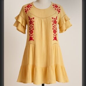 Altar’d State Boho Embroidered Ruffle Sleeve Mini Dress Yellow Red Floral XS